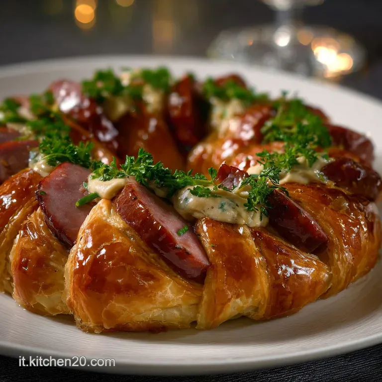 Elegant plate showcasing a slice of savory pastry. The flaky layers contrast with the juicy tomatoes and fresh herbs, a de...