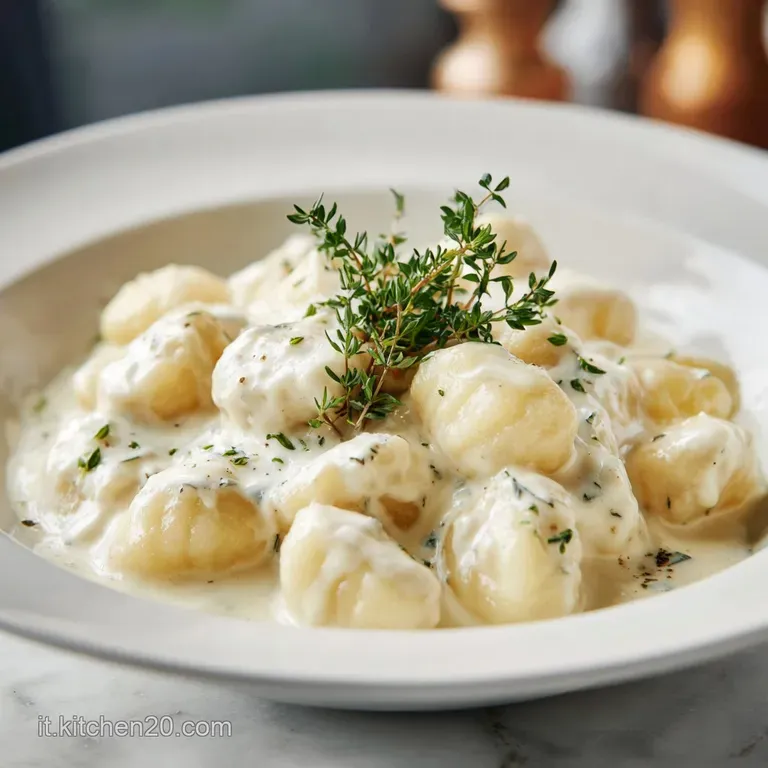 Elegantly plated soft dumplings in a velvety pale cheese sauce, garnished with a fresh sprig of green parsley.
