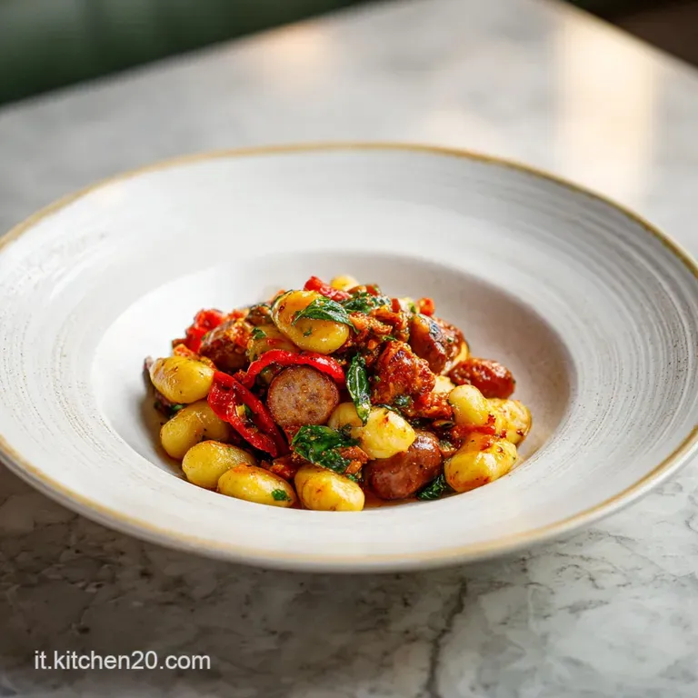 Elevated plate featuring tender gnocchi, rich sausage, and creamy cheese sauce, garnished artfully with fresh parsley sprigs.