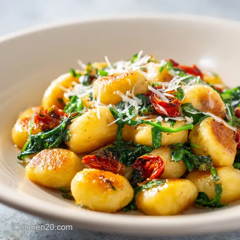 A rustic ceramic bowl filled with soft, tender gnocchi coated in rich pesto, topped with fresh basil.