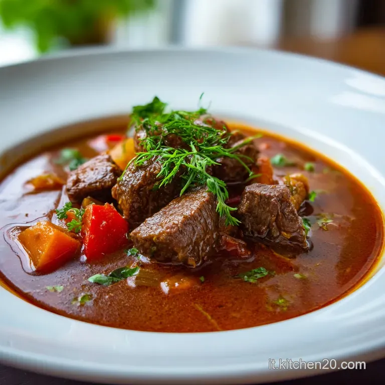 A deep bowl holds a serving of goulash, paprika dusting the rim. Beside it, crusty bread invites dipping in the flavorful ...