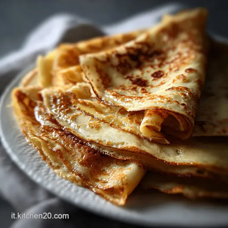 Thin crepe elegantly folded, revealing a creamy filling. Garnished with a vibrant sprig of mint and dusted with confection...