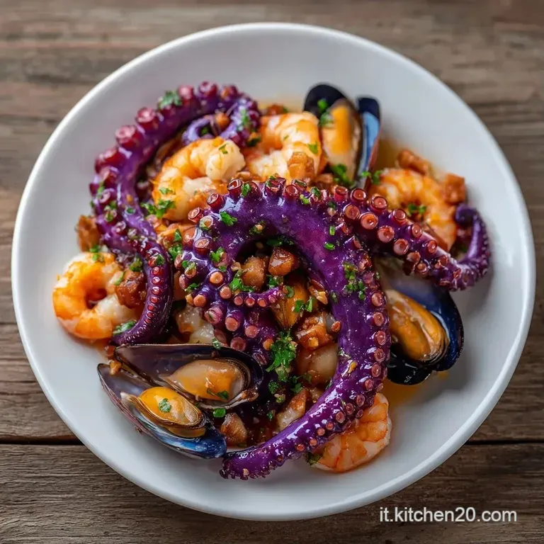 Composizione curata di polpo e gamberetti su piatto bianco, con gocce di olio dorato e foglie di prezzemolo fresco.