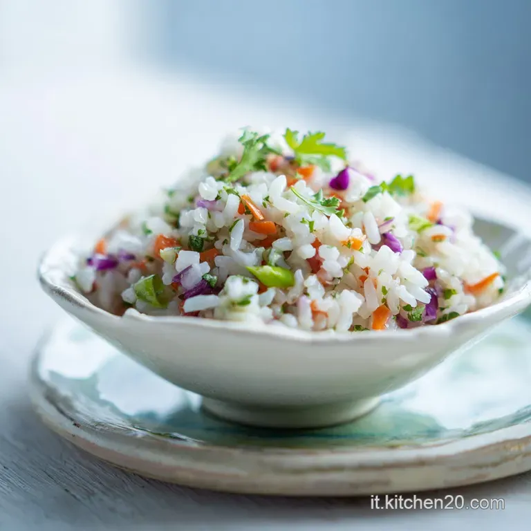 An artfully arranged scoop of rice salad, showcasing colorful vegetables and a drizzle of dressing, on a white plate.