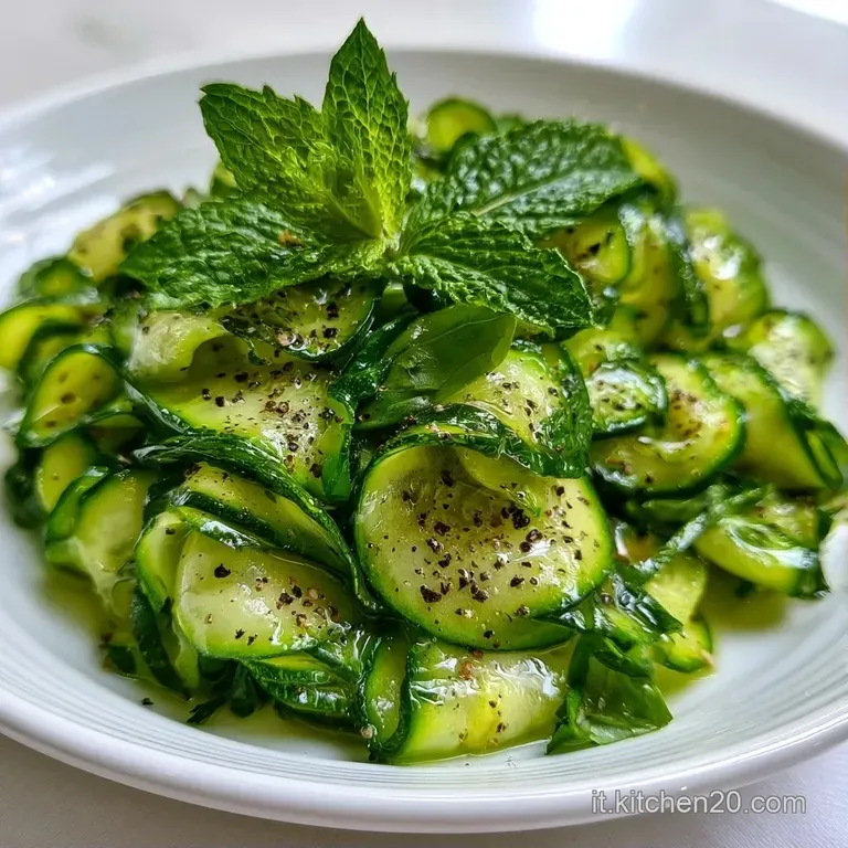 Zucchine tagliate a julienne disposte a spirale in un piatto bianco, con scaglie di formaggio bianco e pepe nero.