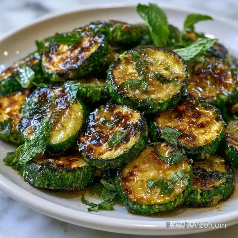 Zucchine grigliate disposte con cura su un piatto bianco, contrasto tra il verde brillante e gocce di olio extravergine.