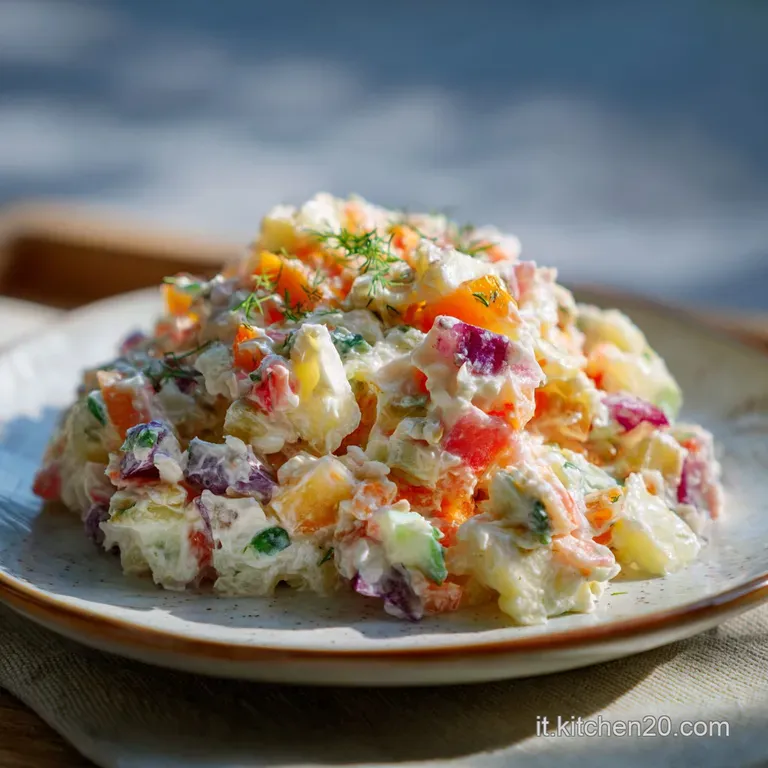 Elegant scoop of creamy salad adorned with delicate herbs, perched on a pristine white plate.