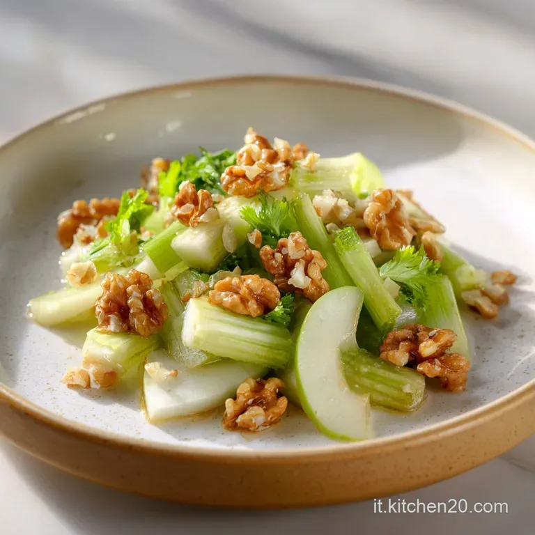 A refreshing salad of thinly sliced green apple and celery artfully arranged with toasted almonds.