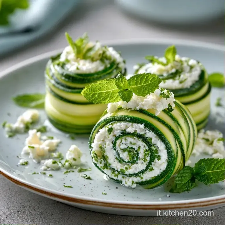 Involtini di zucchine verdi disposti con cura, guarniti con erbe fresche e un filo d'olio dorato su piatto scuro.
