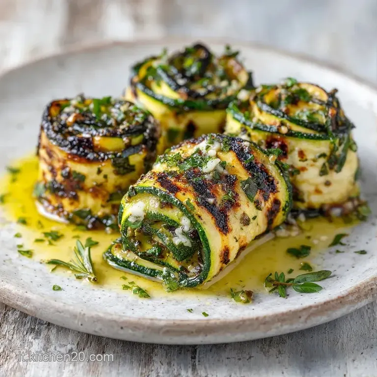 Tre rotoli di verdura verde scuro disposti con cura, gocce di olio dorato e foglioline fresche su ceramica bianca.