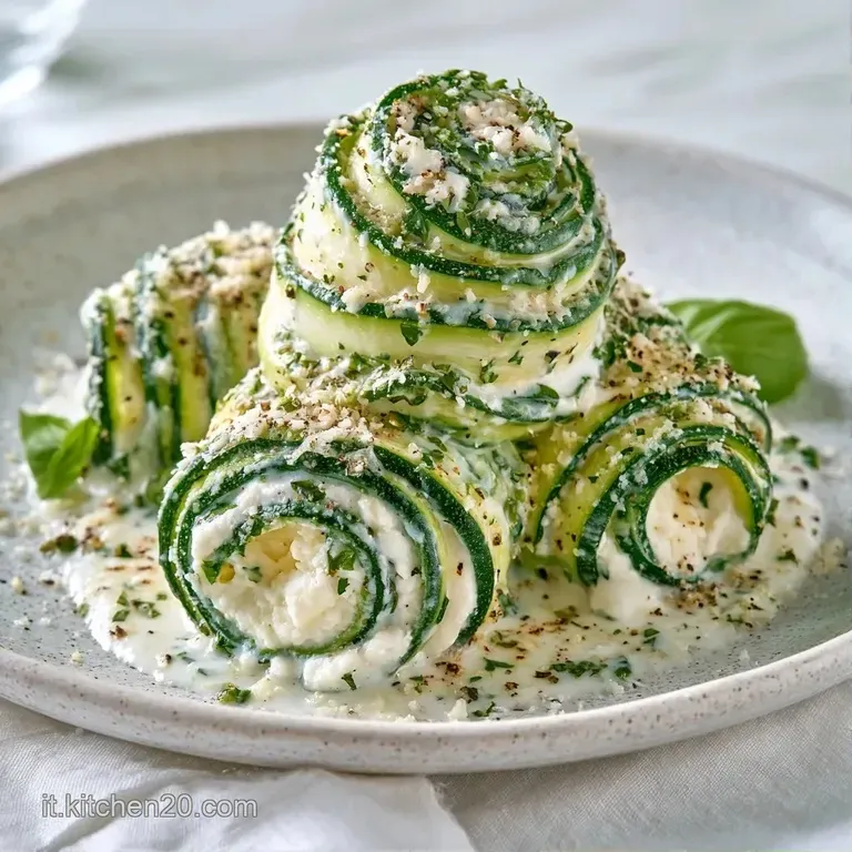 Rotolini di zucchina verde brillante e ricotta cremosa, disposti con cura e guarniti da foglie di menta fresca.