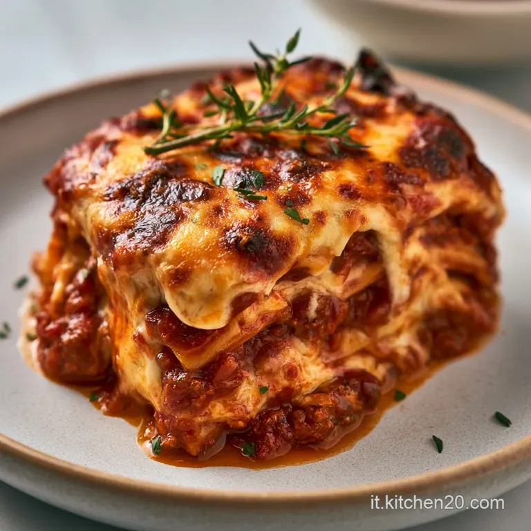 Porzione quadrata di lasagne su piatto bianco, strati definiti di pasta e carne con formaggio fuso e filante.