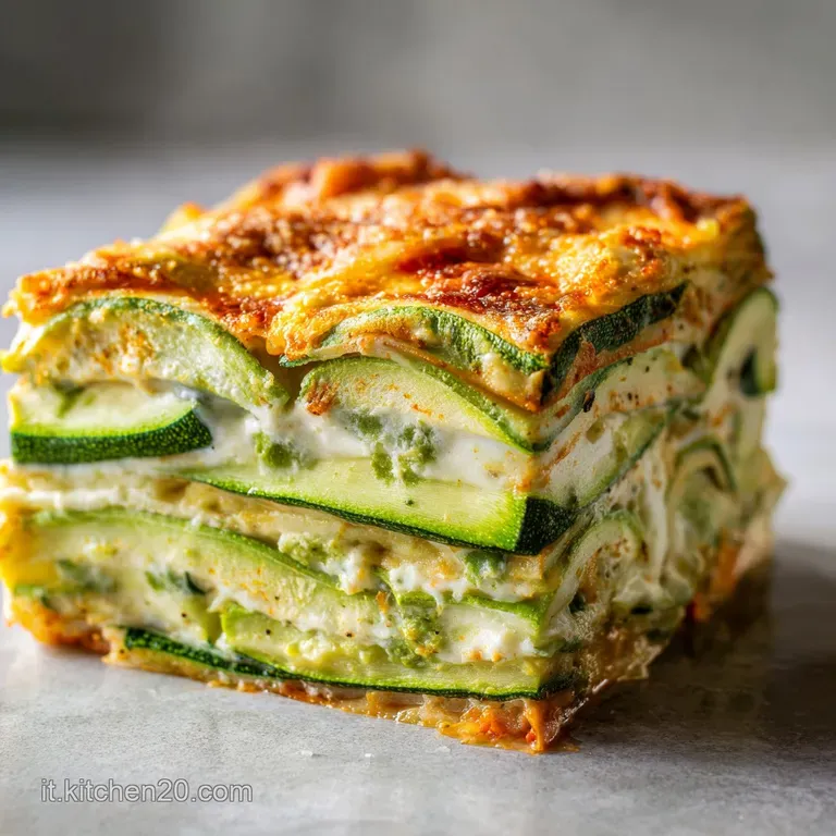 Porzione quadrata di lasagne vegetali su piatto bianco, con strati verdi vividi e formaggio fuso filante in superficie.