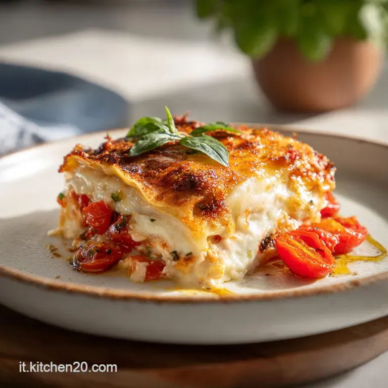 A generous slice of layered seafood lasagna, showcasing creamy b&eacute;chamel, vibrant tomatoes, and flaky fish served on a whit...