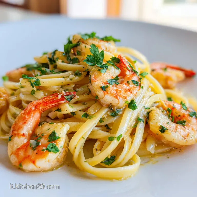 A vibrant swirl of linguine and scampi nestled on a white plate, topped with fresh herbs and lemon.