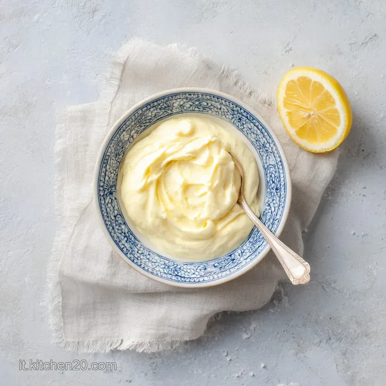 Elegant swirl of homemade mayonnaise on a white plate, dotted with vibrant green herbs, hinting at fresh and tangy flavor.