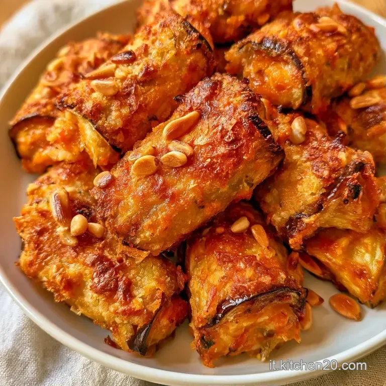 Involtini di melanzane viola scuro disposti con cura su piatto bianco, con contrasti di verde e riflessi oleosi.