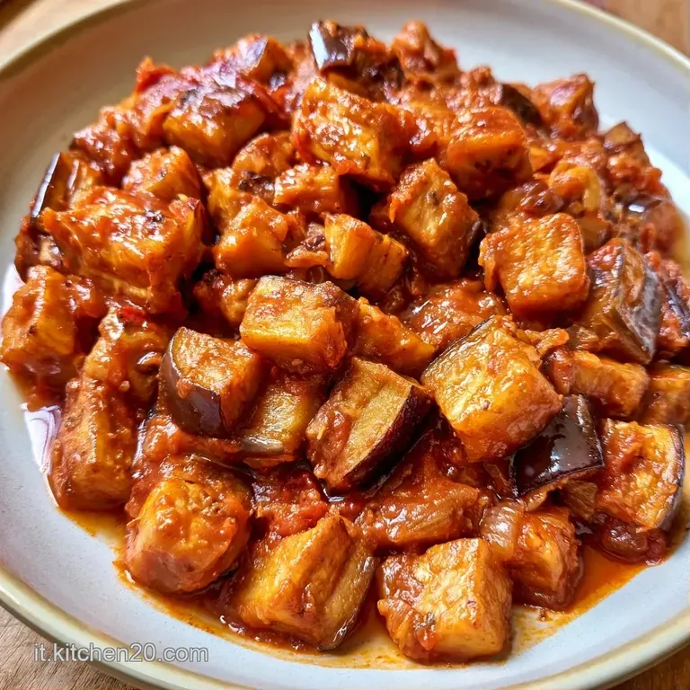 Melanzane tenere e ambrate disposte con cura su un piatto in ceramica, rifinite con un filo d'olio e erbe aromatiche.