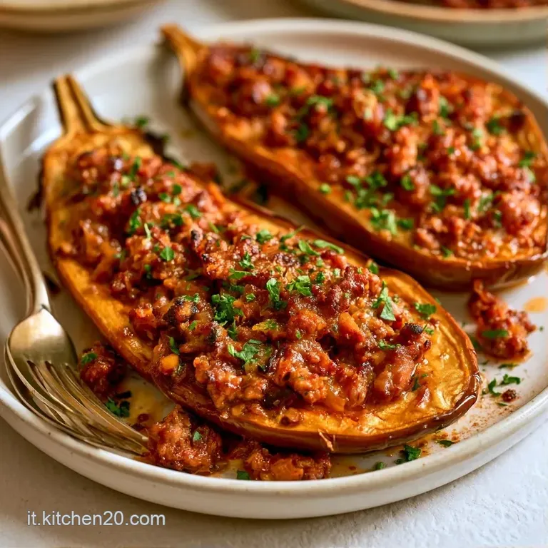 Melanzana arrostita con crosta di formaggio gratinato, colori caldi e contrasto tra viola scuro e giallo dorato.