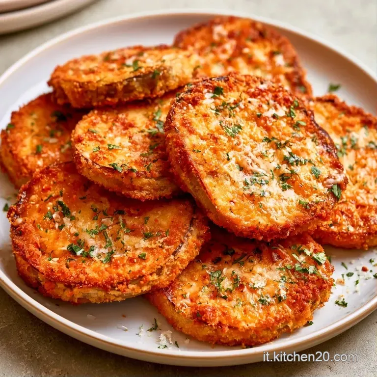 Fette di melanzana con panatura ambrata ordinate con cura su un piatto di ceramica, con un filo d'olio lucido e brillante.