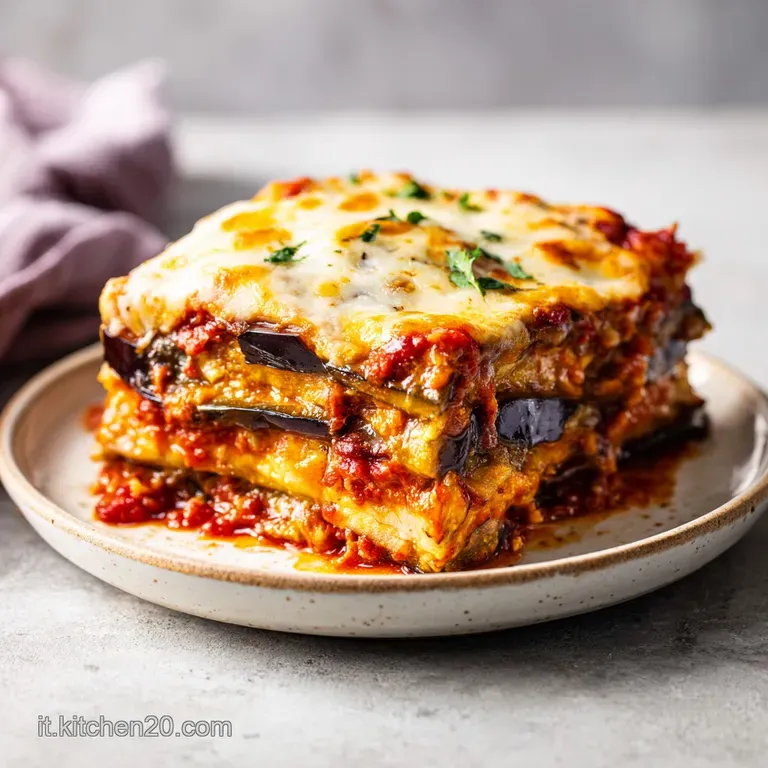 Piatto elegante con melanzane grigliate, salsa densa e basilico fresco, decorato con un filo d'olio.