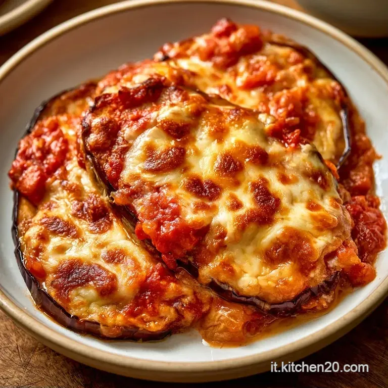 Composizione raffinata di melanzane gratinate in un piatto bianco, con fili di salsa rossa e contrasti di bianco e verde.