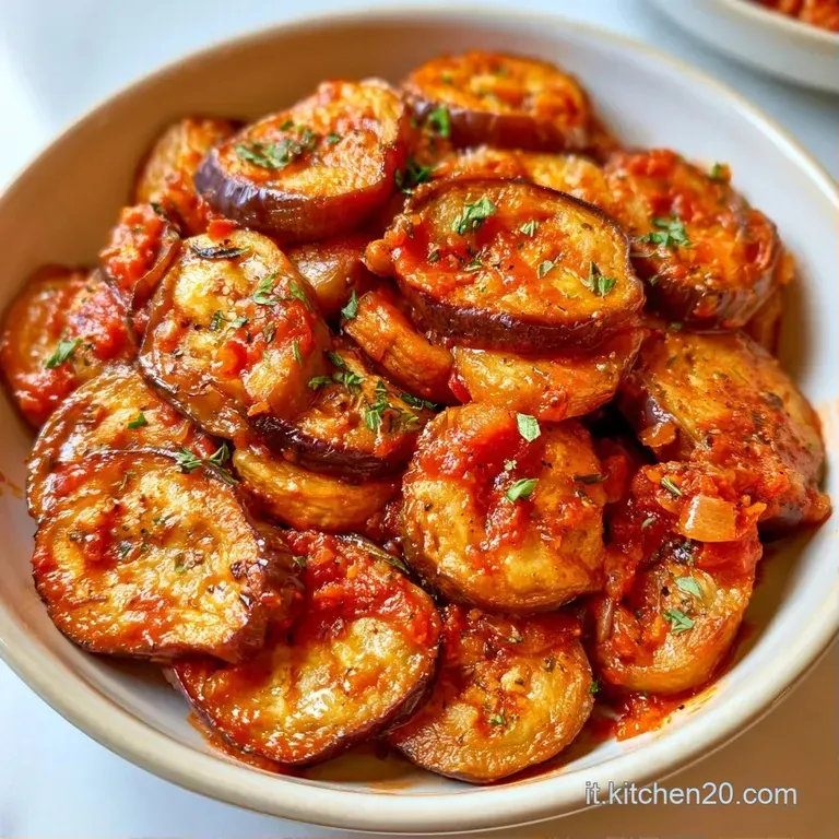 Disco di ceramica bianca con melanzane morbide, fili di formaggio fuso bianco e foglie di basilico fresco in cima.