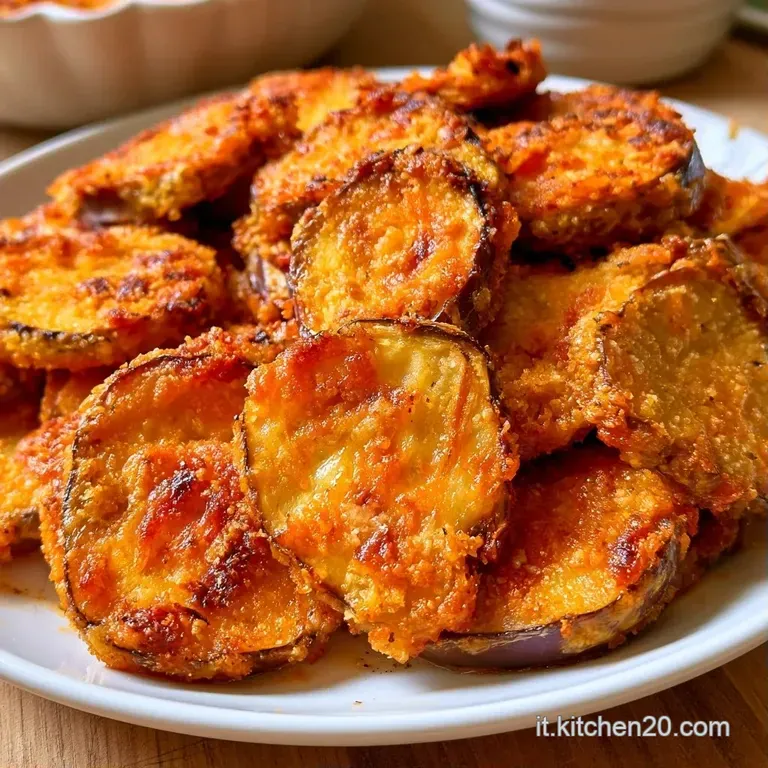 Melanzane gratinate dal colore ambrato, servite con cura su un piatto di ceramica con un filo d'olio extravergine lucido.