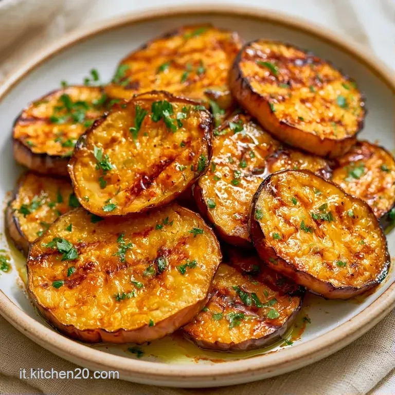 Fette di melanzana disposte a ventaglio su piatto bianco, condite con olio dorato e un tocco di erbe aromatiche fresche.
