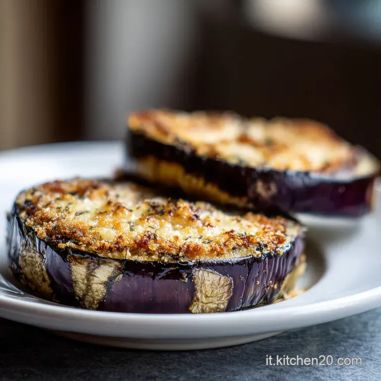 Elegant portion of baked eggplant with a sprinkle of fresh herbs, glistening sauce, and a side of crusty bread.