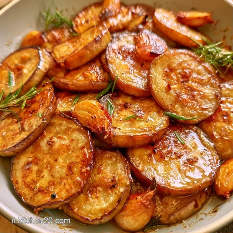 Disposizione curata di fette di melanzana morbide e ambrate, decorate con foglioline di basilico e un filo d'olio lucido.