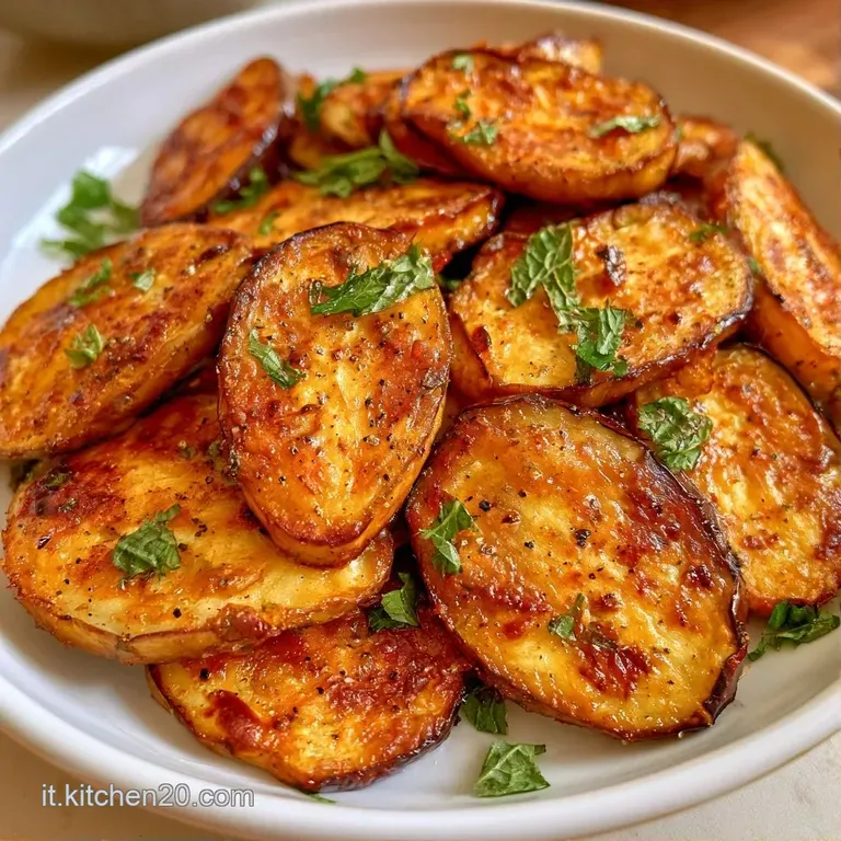 Disposizione elegante di melanzane fritte color ambra, sovrapposte con cura e decorate con erbe aromatiche profumate.