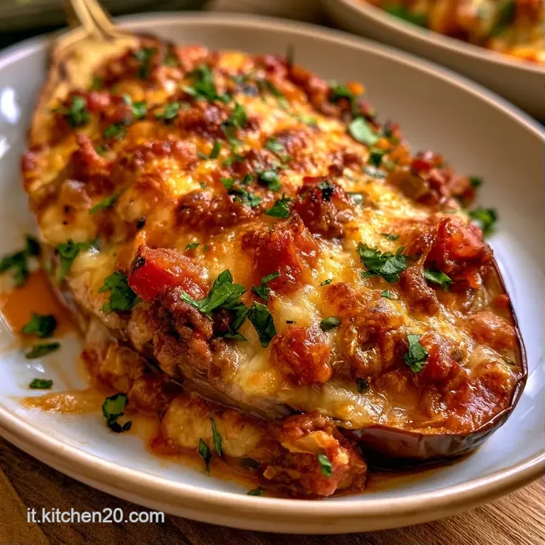 Melanzana ripiena con crosticina dorata su piatto bianco, accompagnata da un filo d'olio e foglie di basilico fresco.