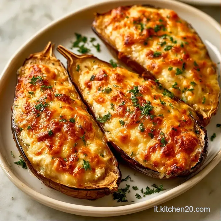 Elegante impiattamento di melanzane viola farcite con formaggio fuso, guarnite da erbe verdi fresche su tavola di pietra.