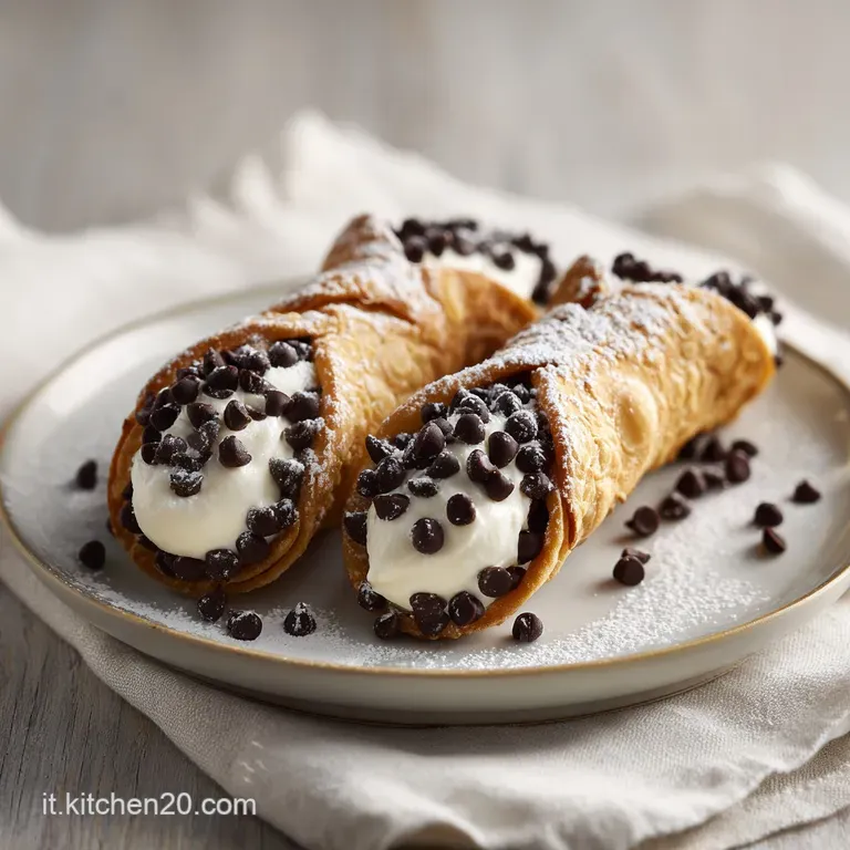 Elegant arrangement of cannoli on a white plate, filling piped high, dusted sugar, inviting contrast against a dark surface.