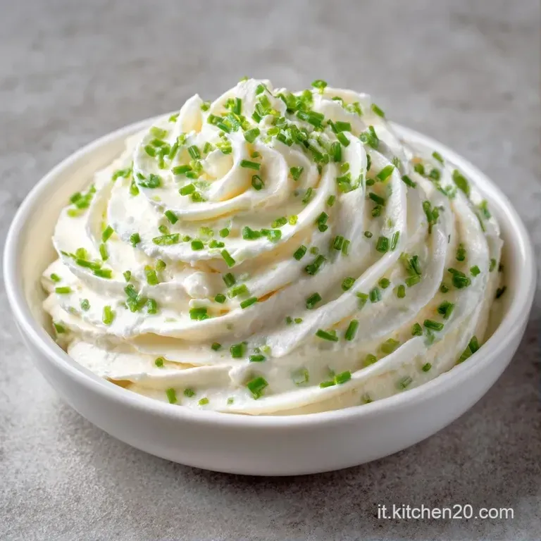 Una nuvola di crema bianca liscia disposta a spirale, decorata con gocce d'olio dorato e un rametto di timo aromatico.