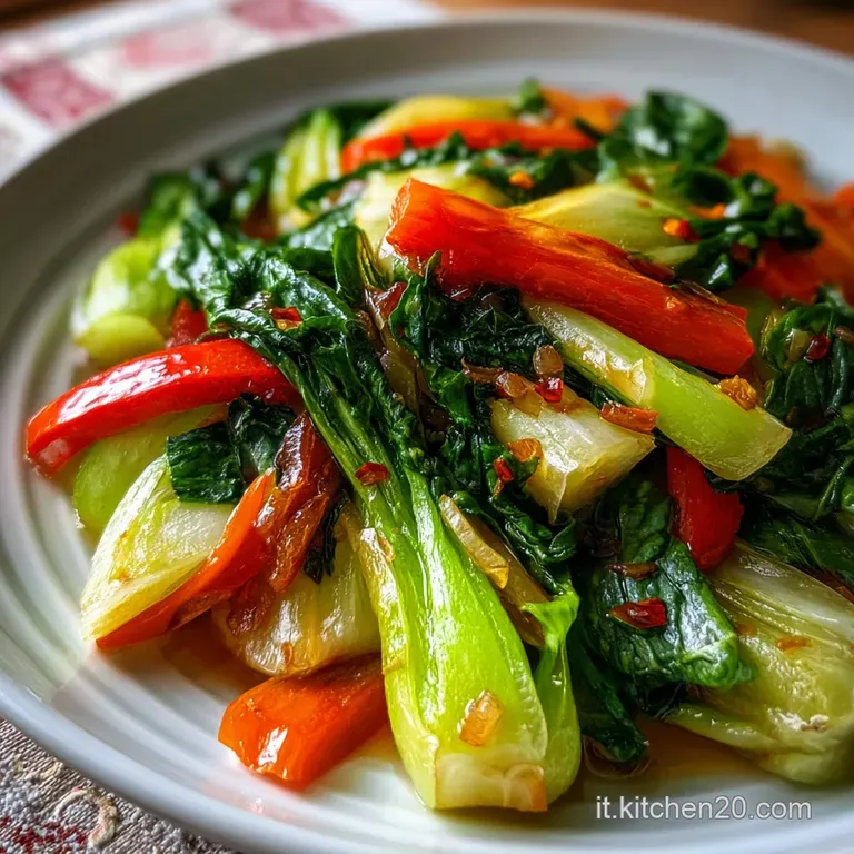Steaming pak choi and peppers artfully arranged on a white plate, flecked with herbs. Simple, elegant vegetable dish.