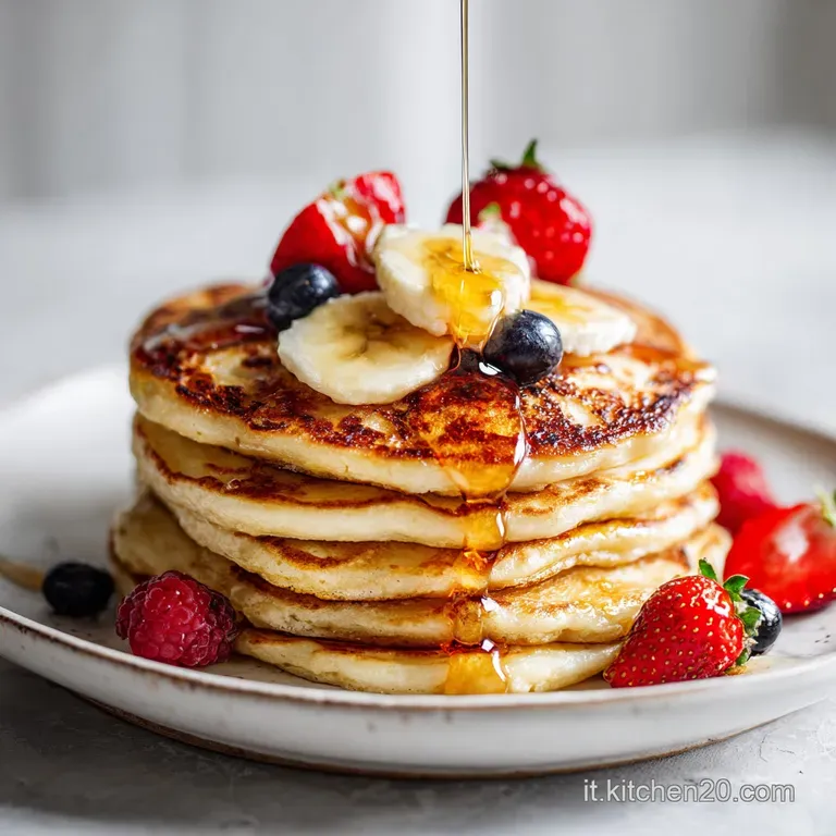 Three stacked pancakes sit on a white plate, garnished with raspberries and powdered sugar. Maple syrup pools invitingly o...