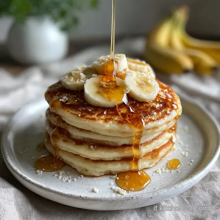 Neatly arranged banana pancakes, drizzled with syrup and garnished with fresh mint, presented on a white plate.