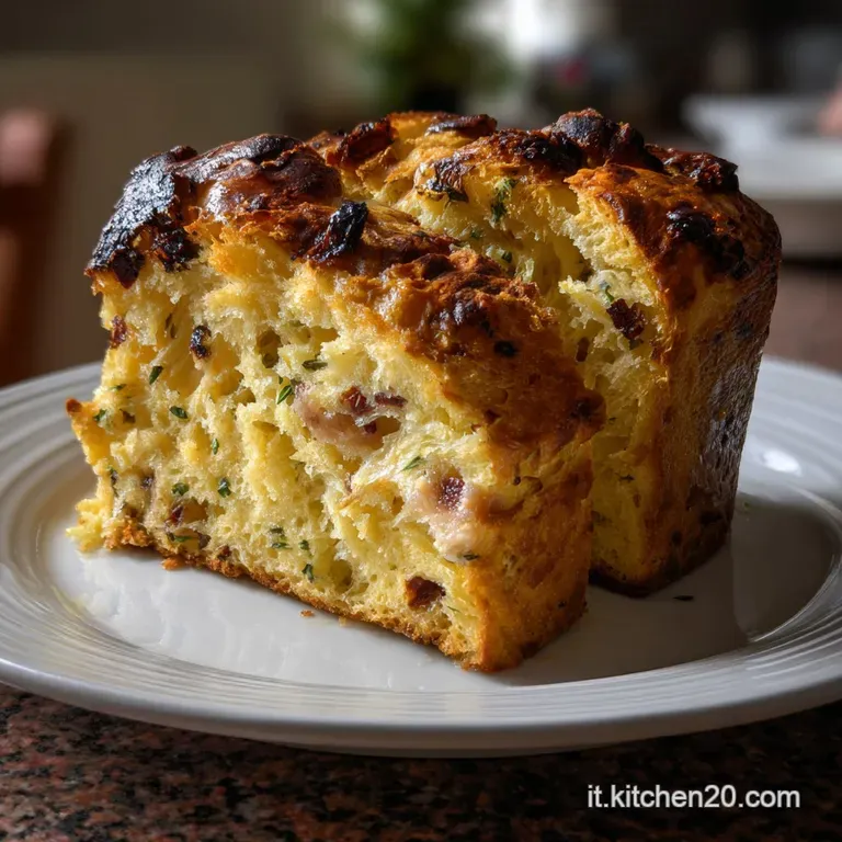 Elegant serving suggestion: A slice of panettone gastronomico, artfully plated with cured meats, olives, and a sprig of ro...