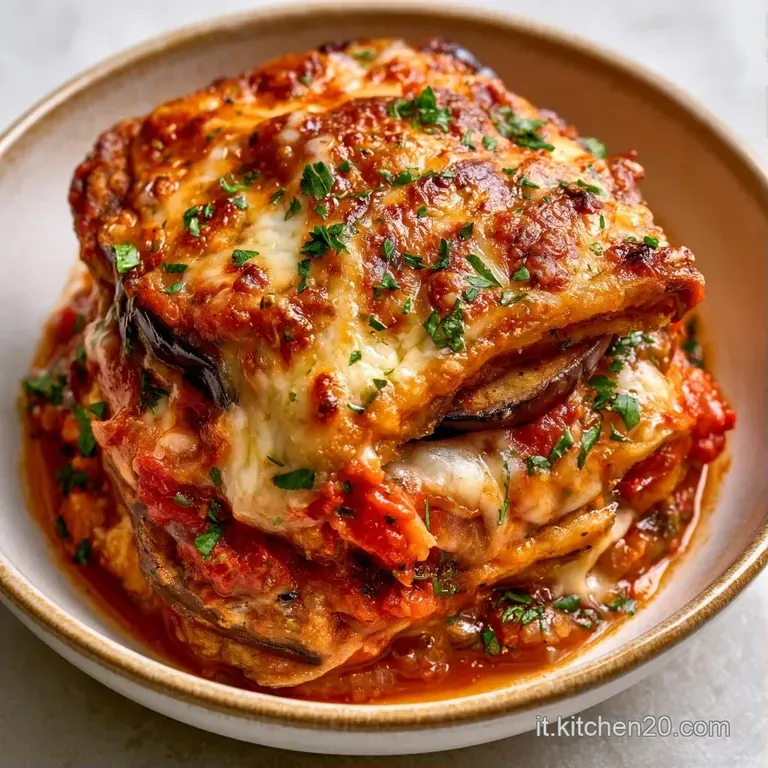 Una fetta quadrata di sformato stratificato con crosta brunita, servita su piatto bianco con foglia di basilico fresco.