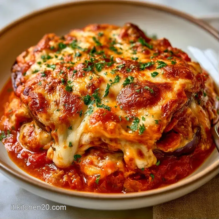 Una fetta quadrata di melanzane gratinate su piatto bianco, guarnita con una foglia di basilico verde brillante.
