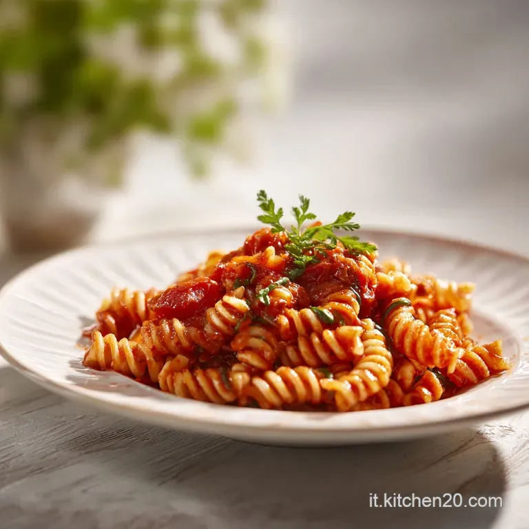 A single, artfully twirled portion of pasta in rich tomato sauce, creamy melted mozzarella, topped with bright green basil...