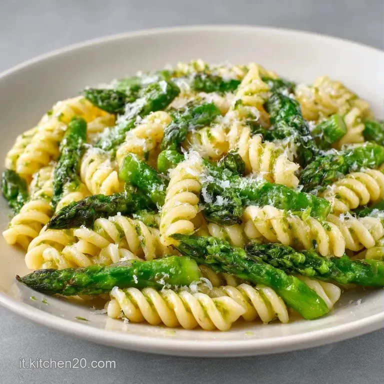Un nido di pasta avvolto in salsa chiara con punte di asparagi verdi e pepe nero, servito su un piatto scuro ed elegante.