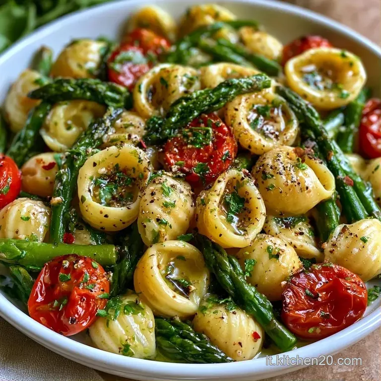 Elegante nido di pasta con punte di asparagi verdi e pomodorini rossi succosi, rifinito con un filo d'olio lucido.