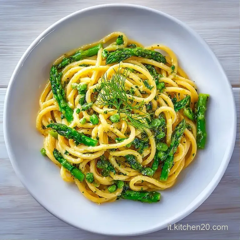 Composizione raffinata di pasta avvolta con asparagi verdi croccanti su un piatto in ceramica opaca, colori vividi.