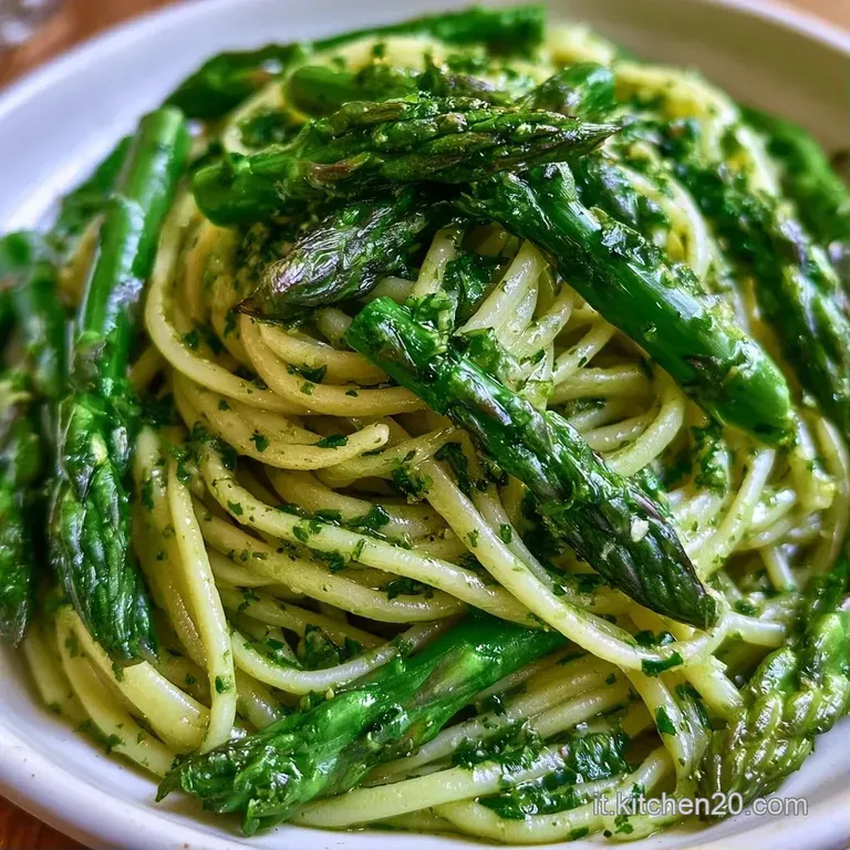 Piatto di ceramica con pasta cremosa, punte di asparagi croccanti e scaglie di formaggio bianco su sfondo neutro.