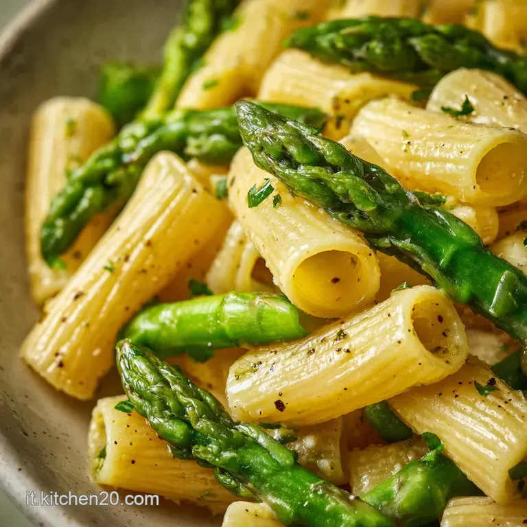 Elegant plating of pasta with vibrant asparagus spears, glistening sauce, and grated cheese against a dark, moody background.