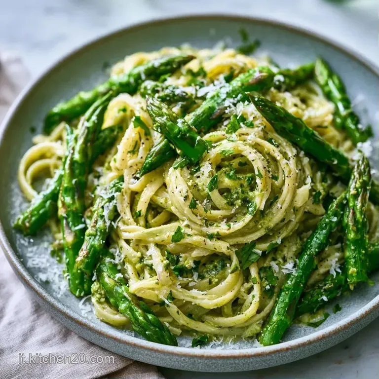 Pasta disposta con cura in un piatto bianco, avvolta in una vellutata salsa verde chiaro con punte di asparagi fresche.