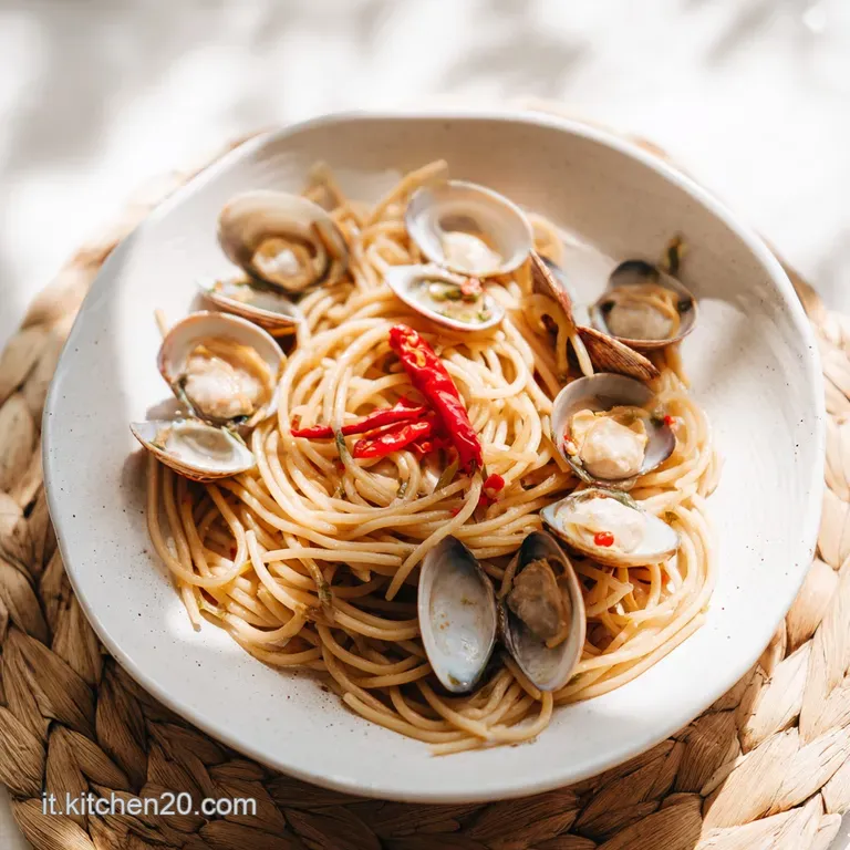 Pasta arrotolata con cura in un piatto bianco, guarnita con conchiglie lucide e un pizzico di prezzemolo tritato fine.